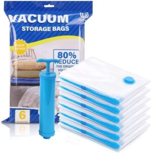 ELITEHOME Vacuum Storage Bags with Pump for Clothes Reusable Ziplock Space Saver Storage Bags for Saving 80% More Space Travel Storage Compression Bags Vacuum Seal Packing Bags - (Pack of 5) 2 Small (40 cm x 60 cm), 2 Medium (50 cm x 70 cm),1 Large (60 cm x 80 cm) with Hand Pump Travel Storage Vacuu