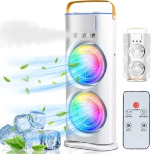 Oumffy 4000mAh Double Ended Spray Fan, Cold Air Fan, 2025 New 3 Gears USB Rechargeable Oscillating fan with LED Light Cooler Fan, Touch & Remote Control, 280ml Water Tank, Ice Filling Fan (White)