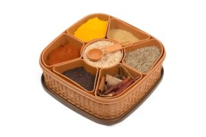 Plastic Square 7 Sections Multipurpose Kitchen Storage Masala Rangoli Dabba Box Set, Spice Box Set - Brown (Masala Box - 7 in 1)